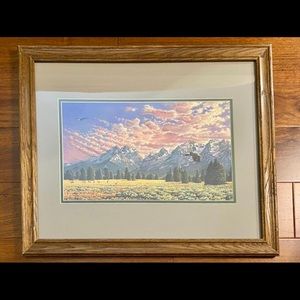 Beautiful Print Of Two Eagles Flying Above A Herd Of Deer In The Meadow